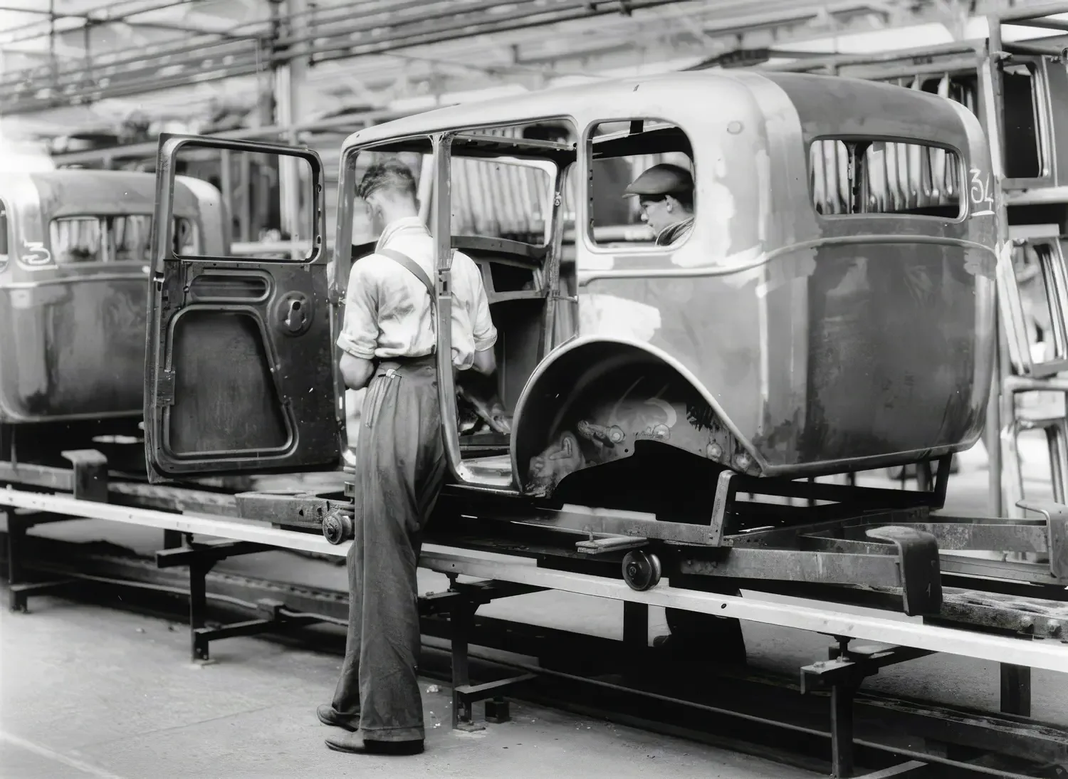 Assembly line at the Pressed Steel Company in Cowley in 19s0s