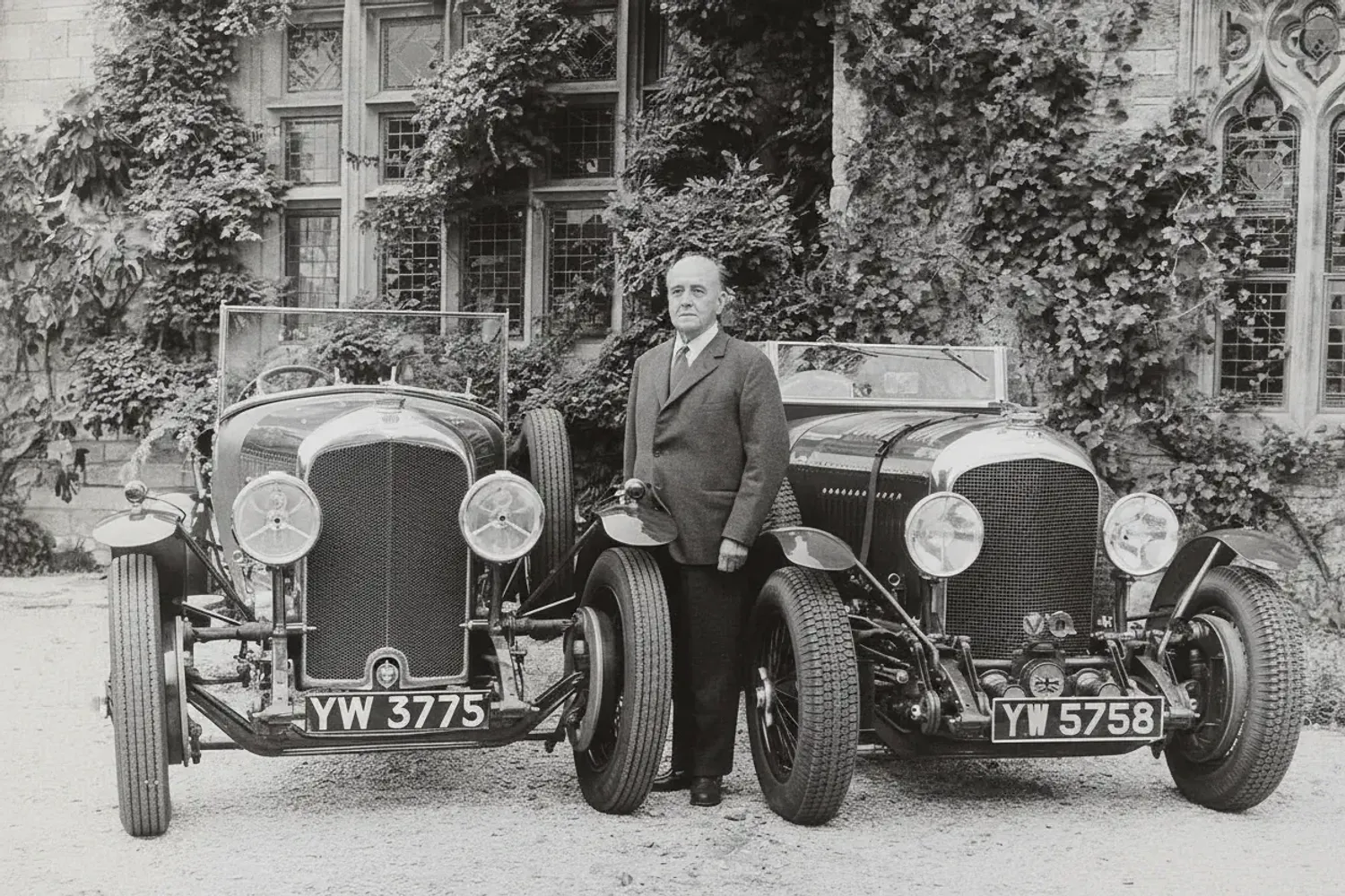 W.O. Bentley standing between Bentley 4½ Litre and Bentley 4½ Litre “Le Mans” Team Car (Image via Barrons.com)