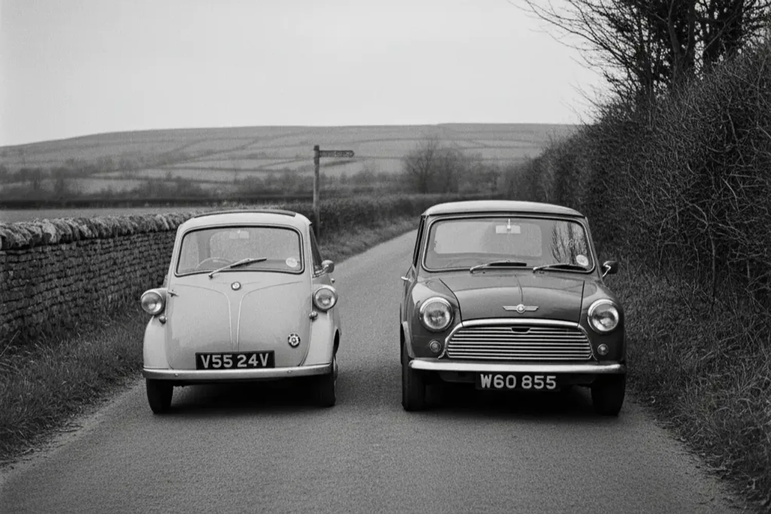 BMW Isetta and Austin Mini (the photo was generated by AI and might not be 100% accurate!)