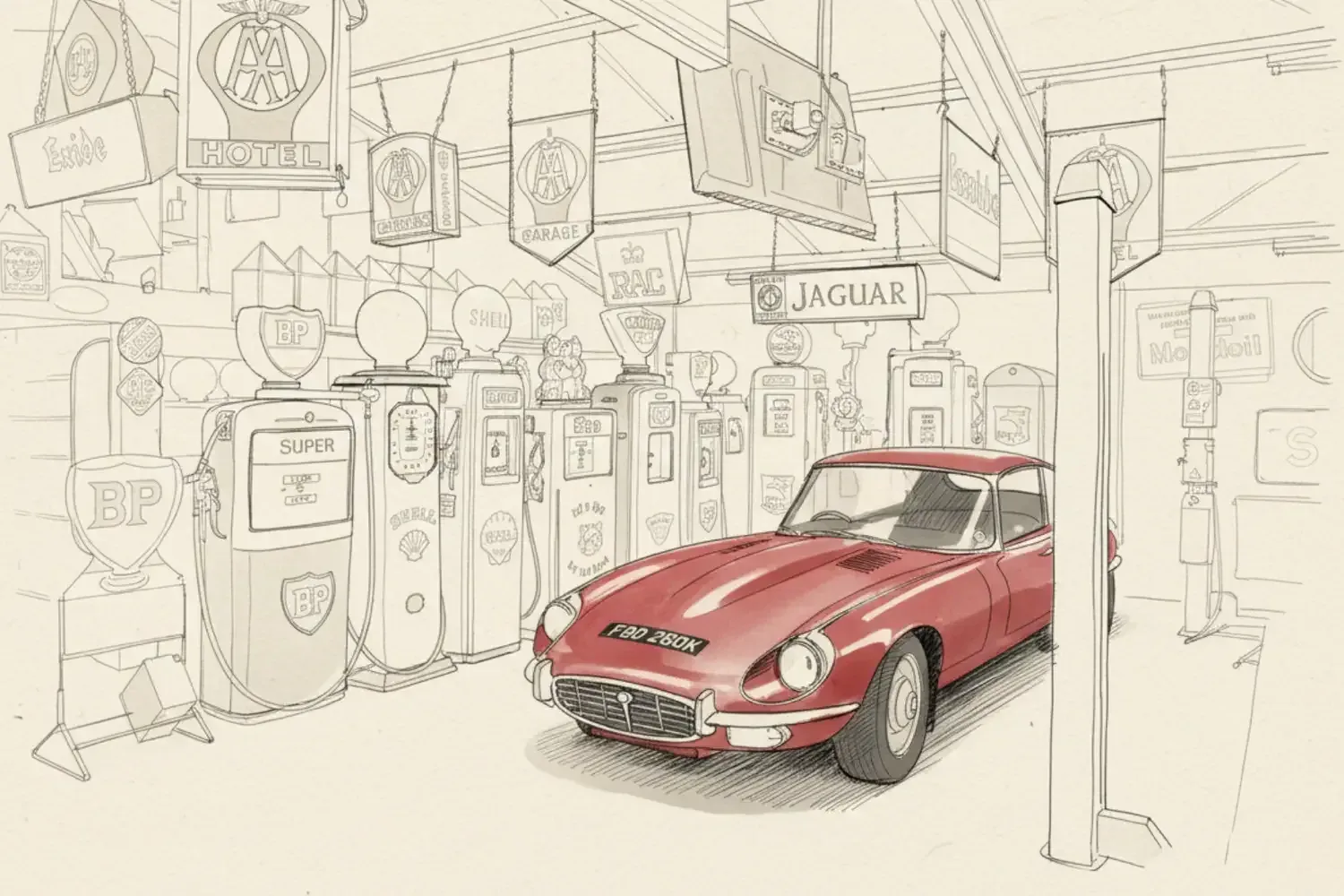 Jaguar E-Type sits among vintage petrol pumps and enamel signs, a perfect backdrop for the world of automobilia that celebrates the objects and atmosphere of motoring’s past.